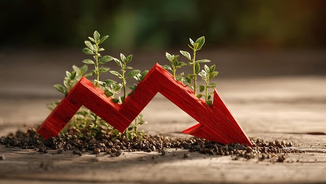 A red downward arrow graph breaking into soil with green plant sprouts growing out, symbolizing financial recovery, economic resilience, and market rebirth concept