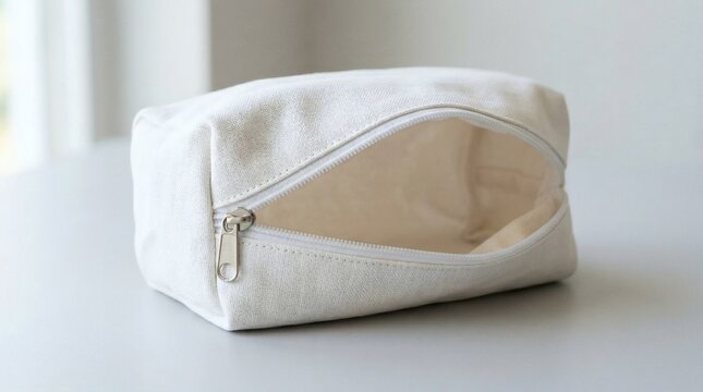 Blank White Cosmetic Pouch Mockup Partially Opened Premium Fabric Texture Soft Lighting Isolated Clean Setup

