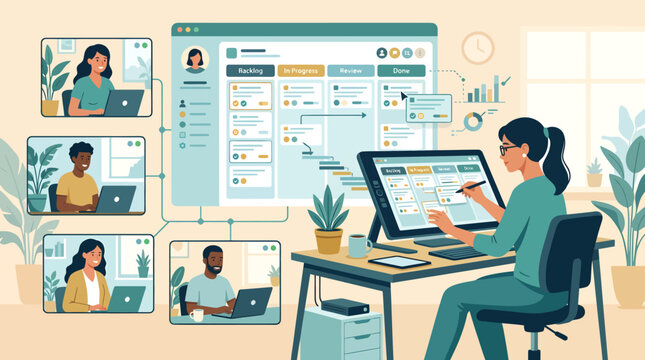 Efficient project management with a remote team, a woman utilizes digital tools and a collaborative platform for streamlined workflow and enhanced productivity in a modern office setting.