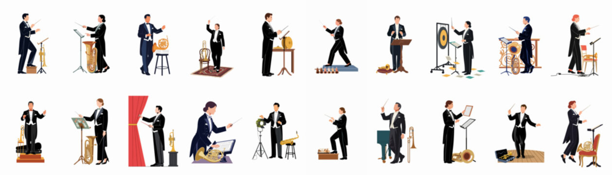 Flat vector illustrations of male and female orchestral conductors in formal attire, posing with various musical instruments and batons on a white background.