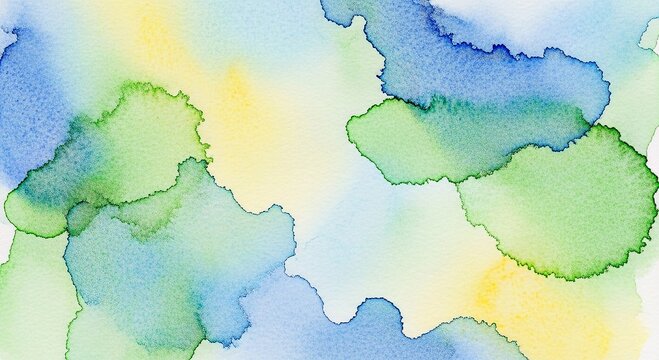 Watercolor wash displays soft blue and green pigments bleeding into a clean white paper background.