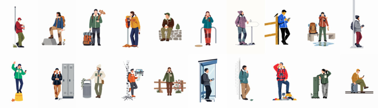 Collection of diverse people in outdoor and travel gear, featuring hikers, travelers, and backpackers in various settings, flat vector illustration style.