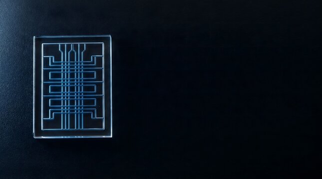 Lab-on-a-chip device with intricate microfluidic channels, advanced scientific research and diagnostic tool Top view microfluidic, pharmaceutical technology, scientific background, copy space