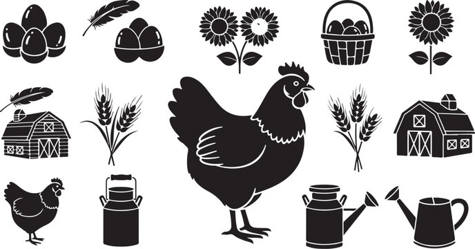Black and white chicken farm icons illustration set