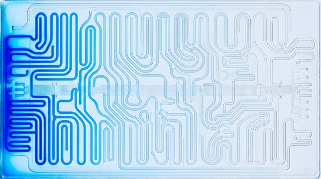 Abstract digital pattern resembling a complex circuit board or DNA strand with flowing blue lines. Top view microfluidic, pharmaceutical technology, scientific background, copy space