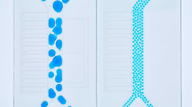Fluid dynamics experiment, turbulent and laminar flow visualization, scientific research and technology Top view microfluidic, pharmaceutical technology, scientific background, copy space