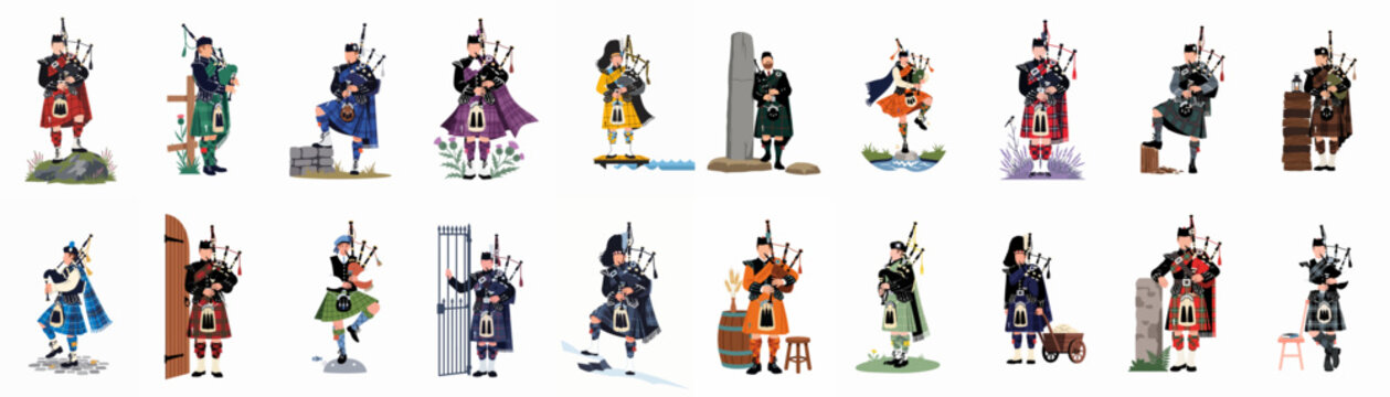 A collection of eighteen illustrations of Scottish bagpipers in traditional Highland dress with diverse kilts, tartans, and musical poses.