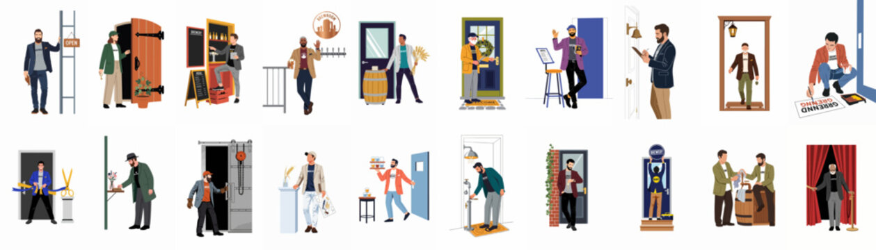 Diverse characters in various brewery and taproom scenes including grand opening, serving beer, and staff working, isolated on white background.