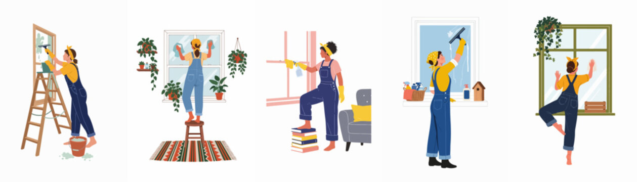 Set of flat vector illustrations showing various women in overalls cleaning windows using different tools and methods in a home environment.
