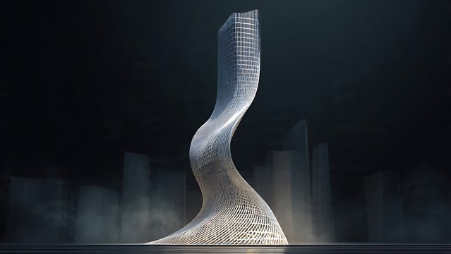 Futuristic skyscraper with a fluid, twisted organic design rising into a dark moody atmosphere. Innovative concept architectural model showcasing ultra-modern city skyline development.