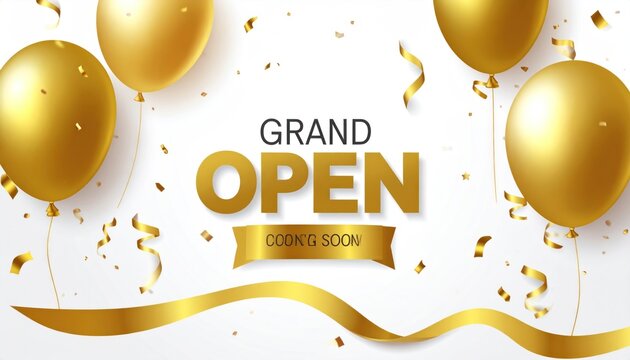 Grand opening vector banner. Celebration of open coming soon light background with gold ribbon and confetti and balloons