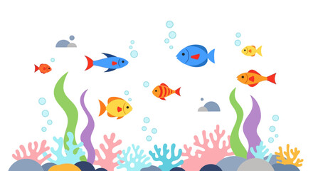 Flat vector illustration of colorful tropical fish swimming over a coral reef on white background © Jaka