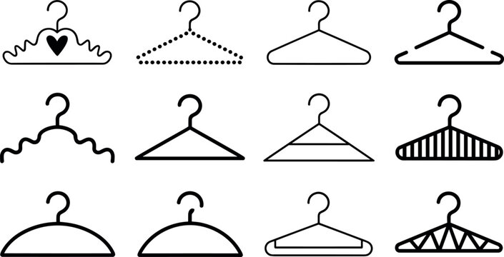 Clothes Hanger Outline Icon Collection with Fashion Wardrobe and Laundry Storage Symbols for Apparel Design Concepts