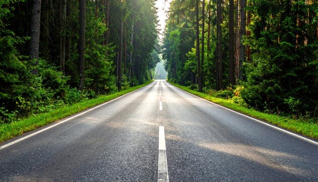 Empty road through the green trees in forest.