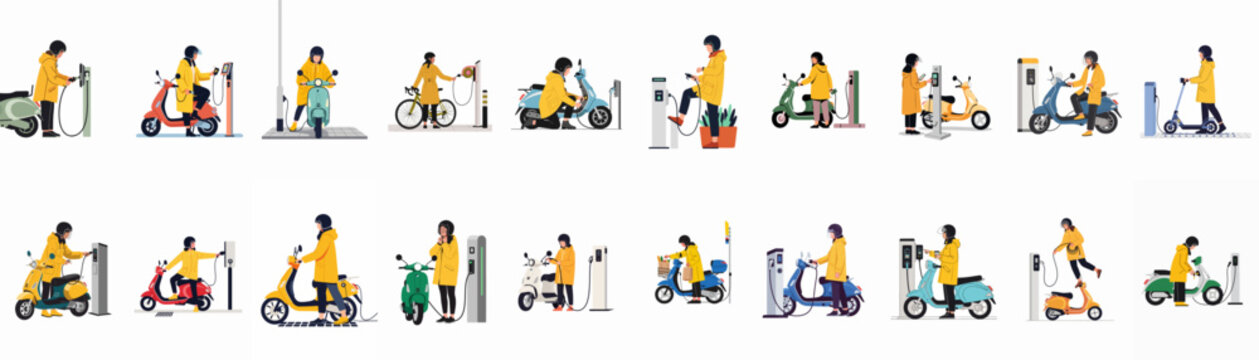 Collection of flat illustrations showing people in yellow raincoats charging electric scooters, bicycles, and mopeds at public charging stations.
