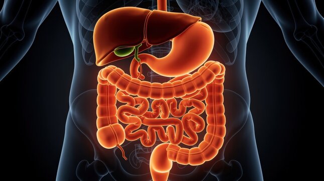 A detailed digital illustration of the human digestive system highlighting the liver, stomach, intestines, and gallbladder within the torso.