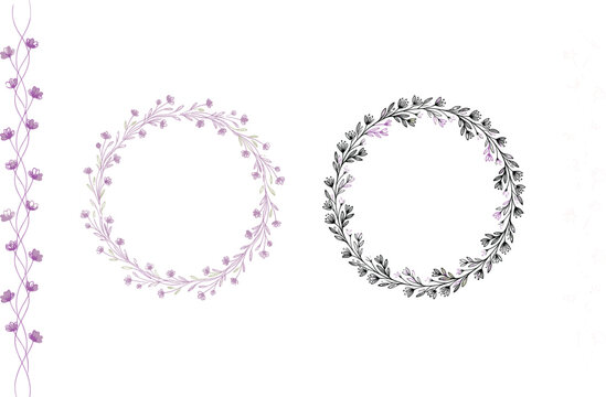 Elegant floral wreath and vine vector collection featuring purple wildflower circular frames borders and seamless botanical elements isolated on a plain white background