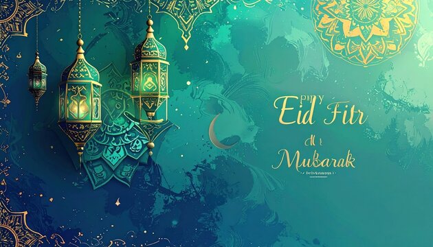 happy eid al fitr mubarak banner with quote and beautiful shiny golden islamic ornament and abstract gradient green and yellow background design