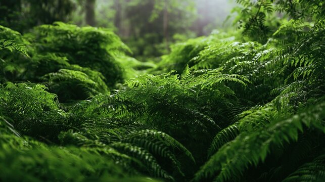 Dark Emerald Wild Fern Clusters In Shady Forest, Secluded Woodland Botanical Widescreen View