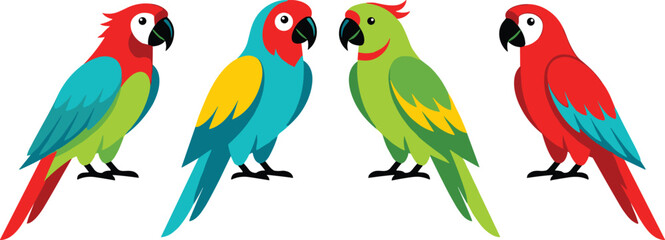 Colorful cartoon macaw parrot vector illustration set featuring bright red blue green and yellow tropical birds isolated on a clean white background © MDSaiful