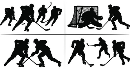 Naklejka premium Ice Hockey Player Silhouette Set with Goalkeeper Skaters and Competitive Sports Action Scenes Vector Collection