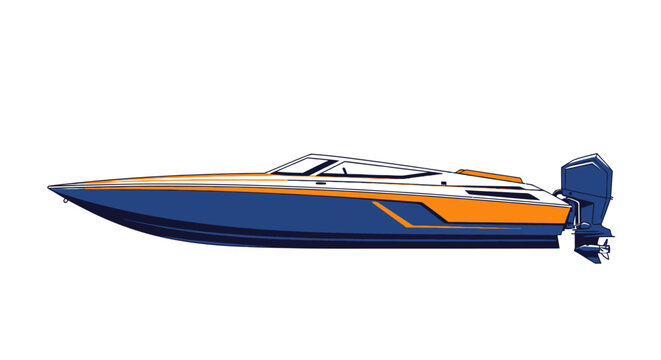A sleek blue and orange speedboat with an outboard motor on a white background.
