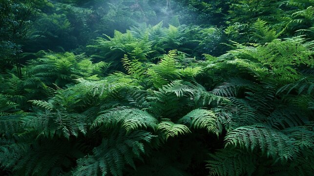 Dark Emerald Wild Fern Clusters In Shady Forest, Secluded Woodland Botanical Widescreen View