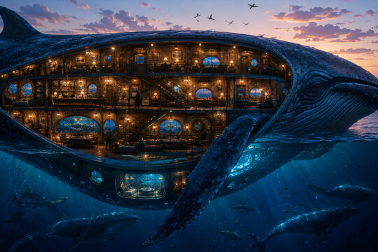 Floating Whale Hotel Drifting Across the Ocean at Dusk