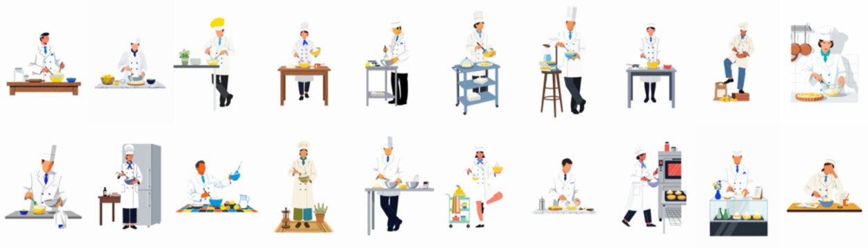 A diverse collection of professional chef illustrations in various culinary and baking scenes, featuring minimalist, flat-style characters in white uniforms.
