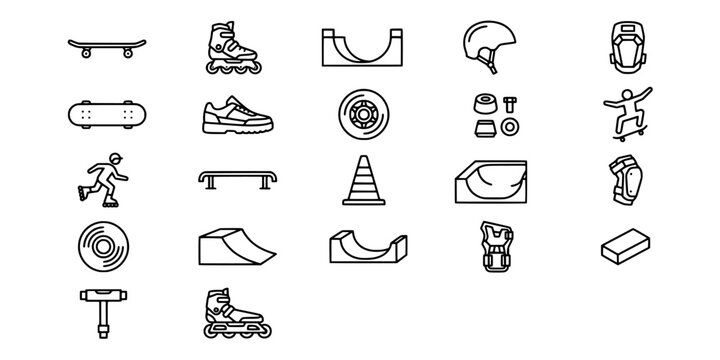 Icon set collection of skateboarding and rollerblading equipment, featuring boards, skates, ramps, protective gear, and accessories in minimalist linear style.