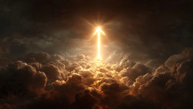 A glowing golden arrow pointing upward, shooting out from a dramatic sea of clouds into dark skies. Conceptual background for financial market recovery, rapid growth, hope, and success.