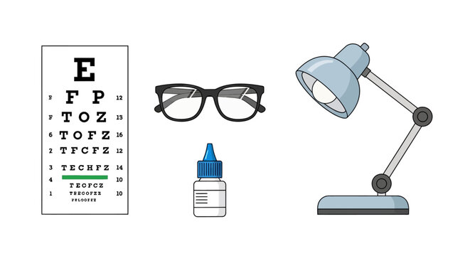 Set of optometry and vision health icons including eye chart, glasses, and eye drops.
