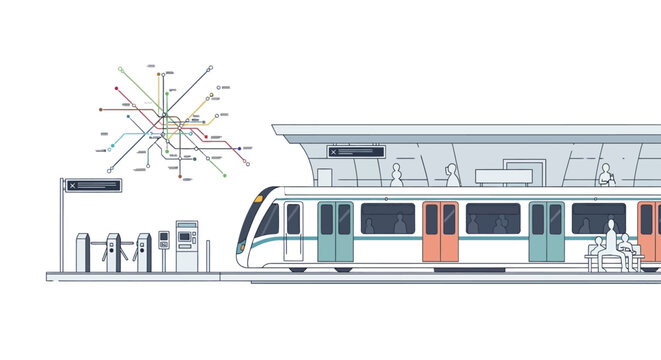 Modern public transport train at a subway station platform with urban transit map illustration.