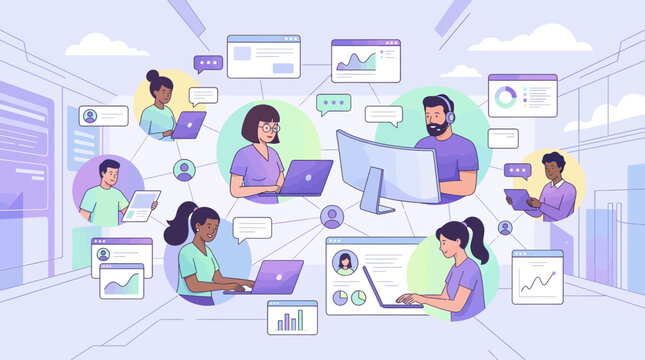 Global remote team collaborating online, managing projects, and communicating seamlessly via digital platforms for virtual meetings.