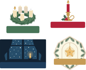 Christmas Candle and Winter Decor Label Collection with Advent Wreath, Fireplace Scene, and Festive Holiday Vector Elements © MstShahida