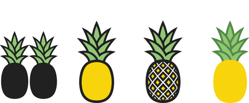 Tropical pineapple fruit vector illustration set featuring yellow cartoon designs textured patterns and black silhouette icons with green crowns isolated on white background