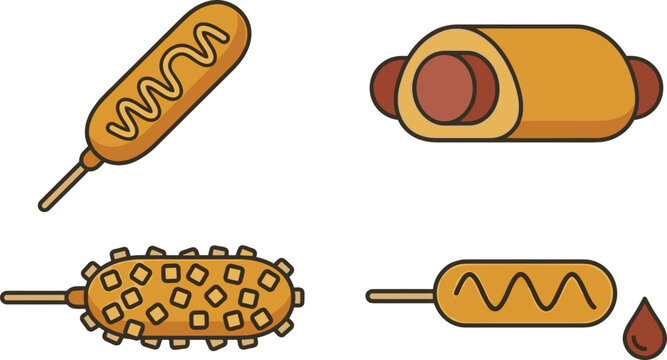 Corn Dog and Sausage Snack Collection Illustration with Street Food Hotdogs, Fried Snacks, and Fast Food Vector Elements Set