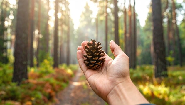 Hand holding a pine cone against a backdrop of tall trees. Pine cone in focus, trees blurred. Nature, forest, and pine cone create a serene outdoor scene.