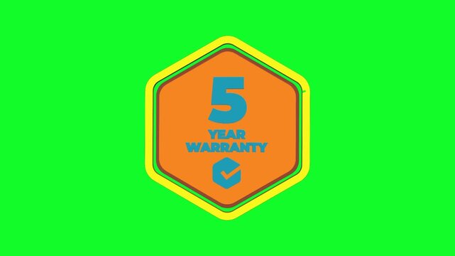 5 Year Warranty Badge Animation with Golden Hexagon Guarantee Label on Green Screen Background &ndash; Premium Assurance Motion Graphic
