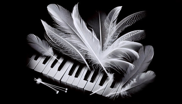 A photogram composition of scattered piano keys and feather quills on a light table, Ai generated image