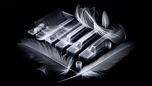 A photogram composition of scattered piano keys and feather quills on a light table, Ai generated image