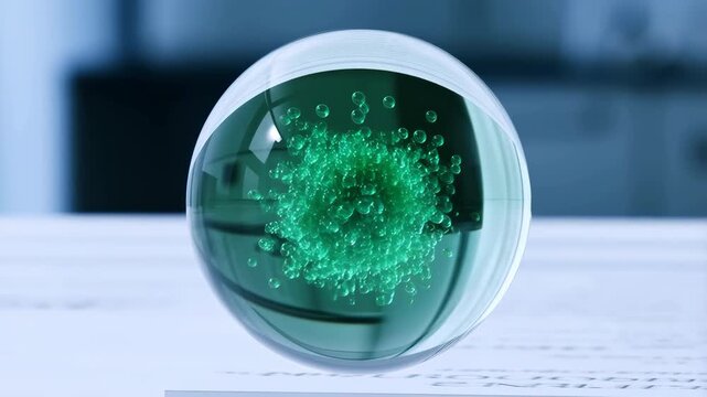 Virus model rotating inside a glass sphere in a science laboratory