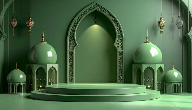 Green mosque interior with domes and archway