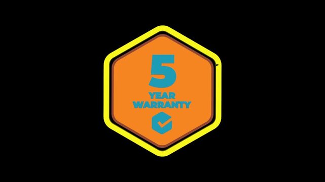 5 Year Warranty Badge Animation with Golden Hexagon Guarantee Label on Black Background &ndash; Premium Assurance Motion Graphic