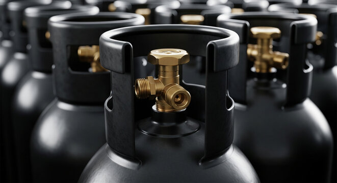 Industrial black gas cylinders with brass valves, rows of pressurized propane tanks, fuel storage containers for energy supply