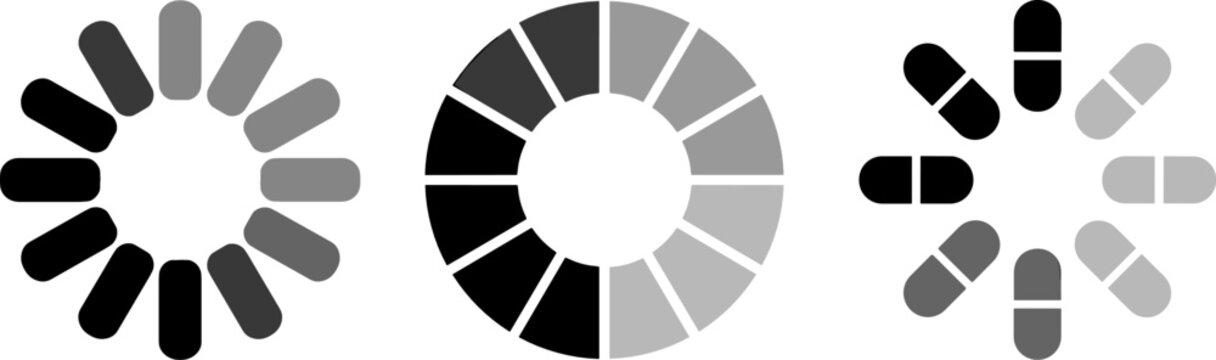 Monochrome Website Loading Progress Indicator Vector Icon Set Featuring Circular Buffering Spinners and Digital Status Preloader Elements for User Interface Designs