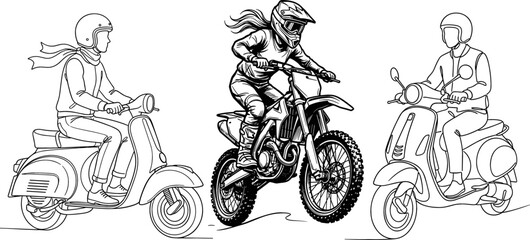 Motorcycle and Scooter Vector Illustration Set Featuring Vintage Mopeds Motorbikes and Motocross Dirt Bike Rider for Extreme Sports and Commuter Travel Designs © MdMunzurul