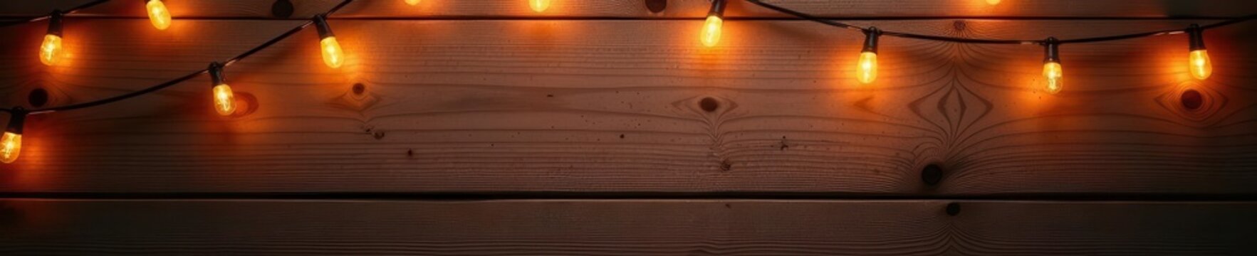 Warm string lights illuminate rustic wood texture , farmhouse, rustic charm, cabin