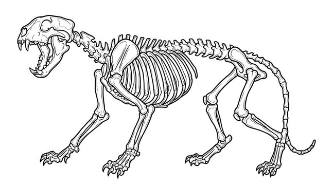 Detailed line art illustration of a roaring big cat skeleton, tiger or panther anatomy, perfect for gothic, anatomical, or tattoo design.