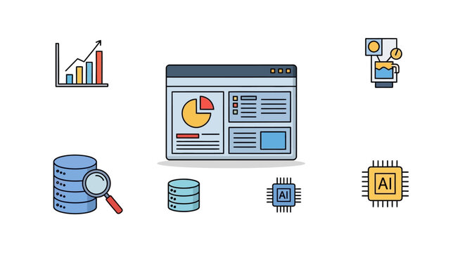 Technology icons for data analysis.